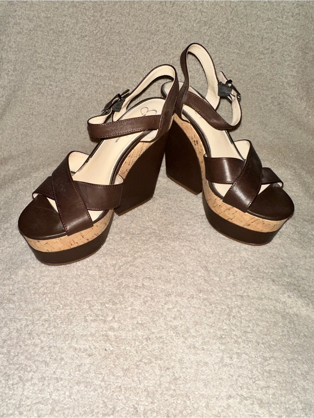 Jessica Simpson Brown Leather Cork Platform Wedge Sandals